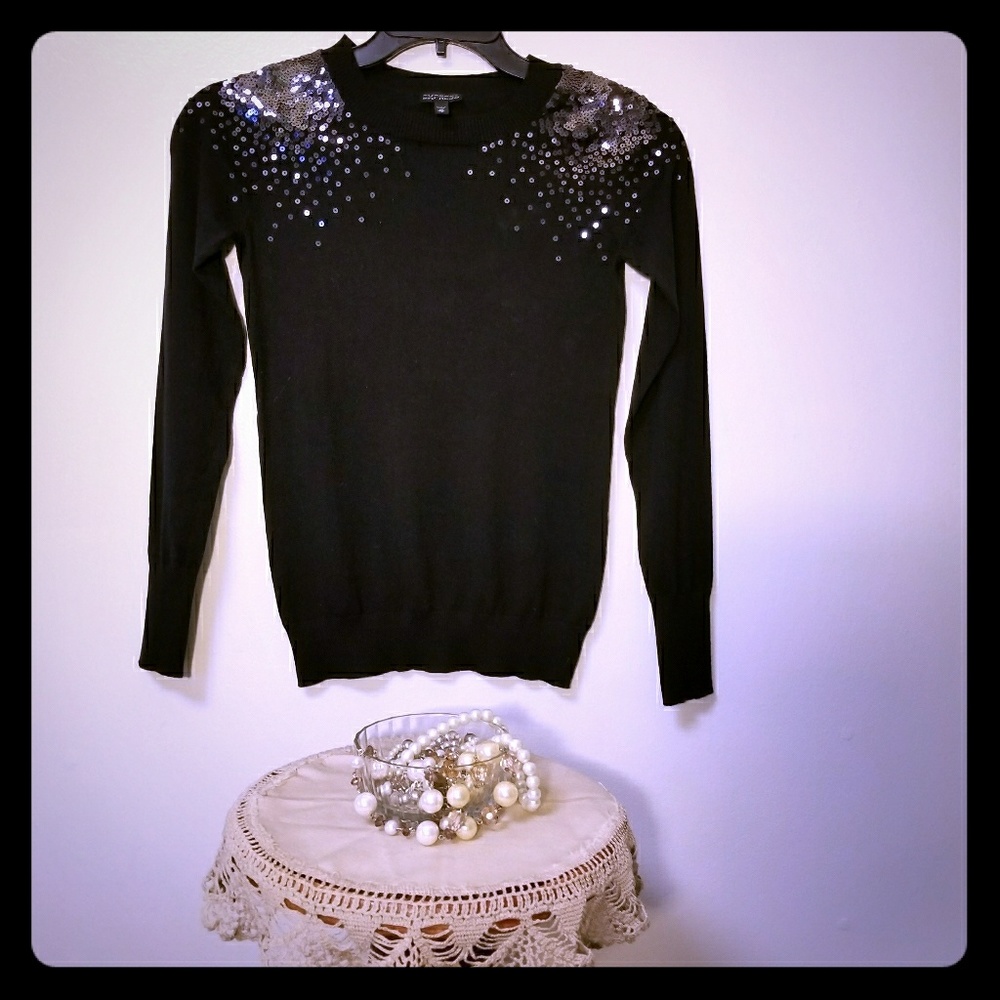 Black Silver Sequin Shoulder Express Sweater - image 1